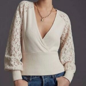 Anthropologie Cream Lace Sleeve Sweater